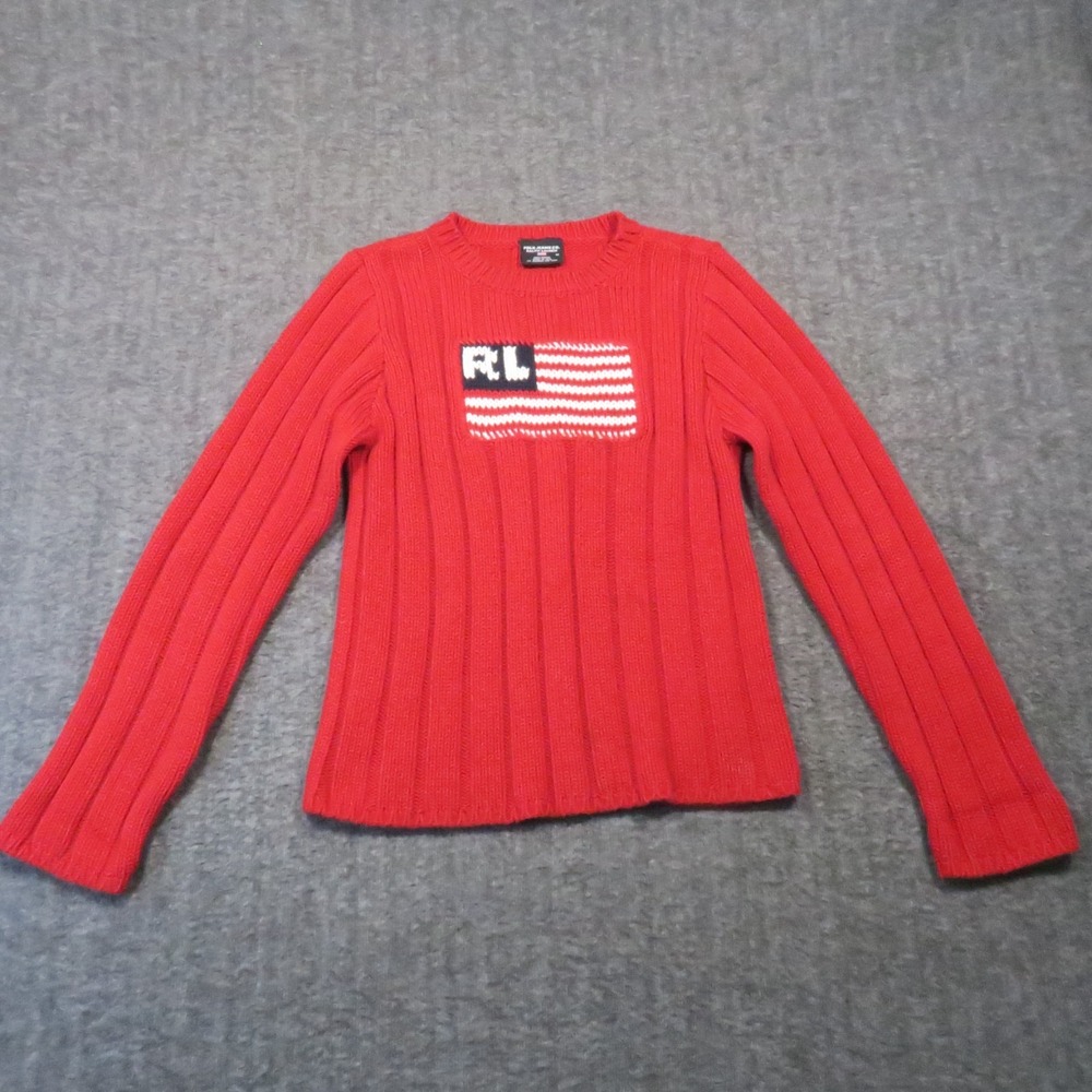 Polo Jeans Ralph Lauren American Flag Sweater M Red Ribbed Vintage Preppy Y2K - Picture 2 of 7